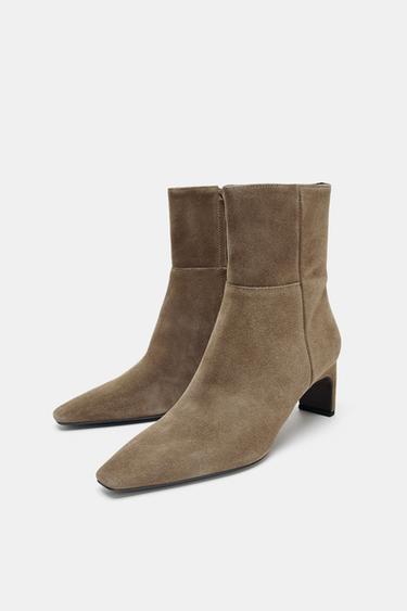Zara SPLIT LEATHER KITTEN HEEL ANKLE BOOTS - Taupe Gray
