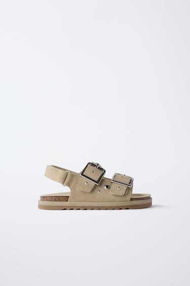 Zara 鉚釘皮涼鞋 - 沙棕色