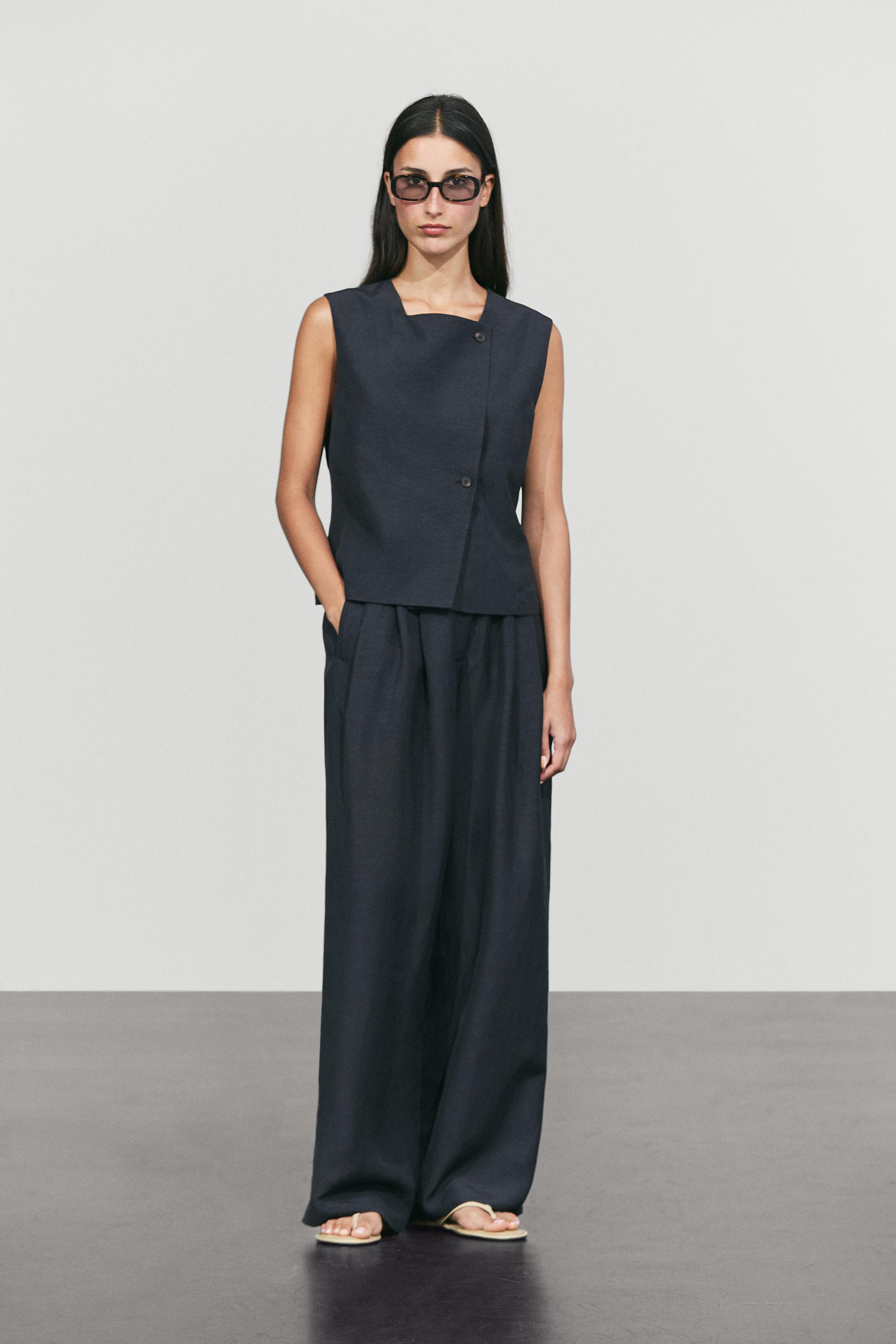 Linen-blend button-detail pants — Navy blue