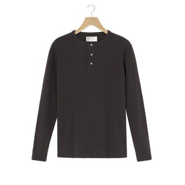 Zara RIBBED HENLEY COLLAR T-SHIRT - Black / Brown
