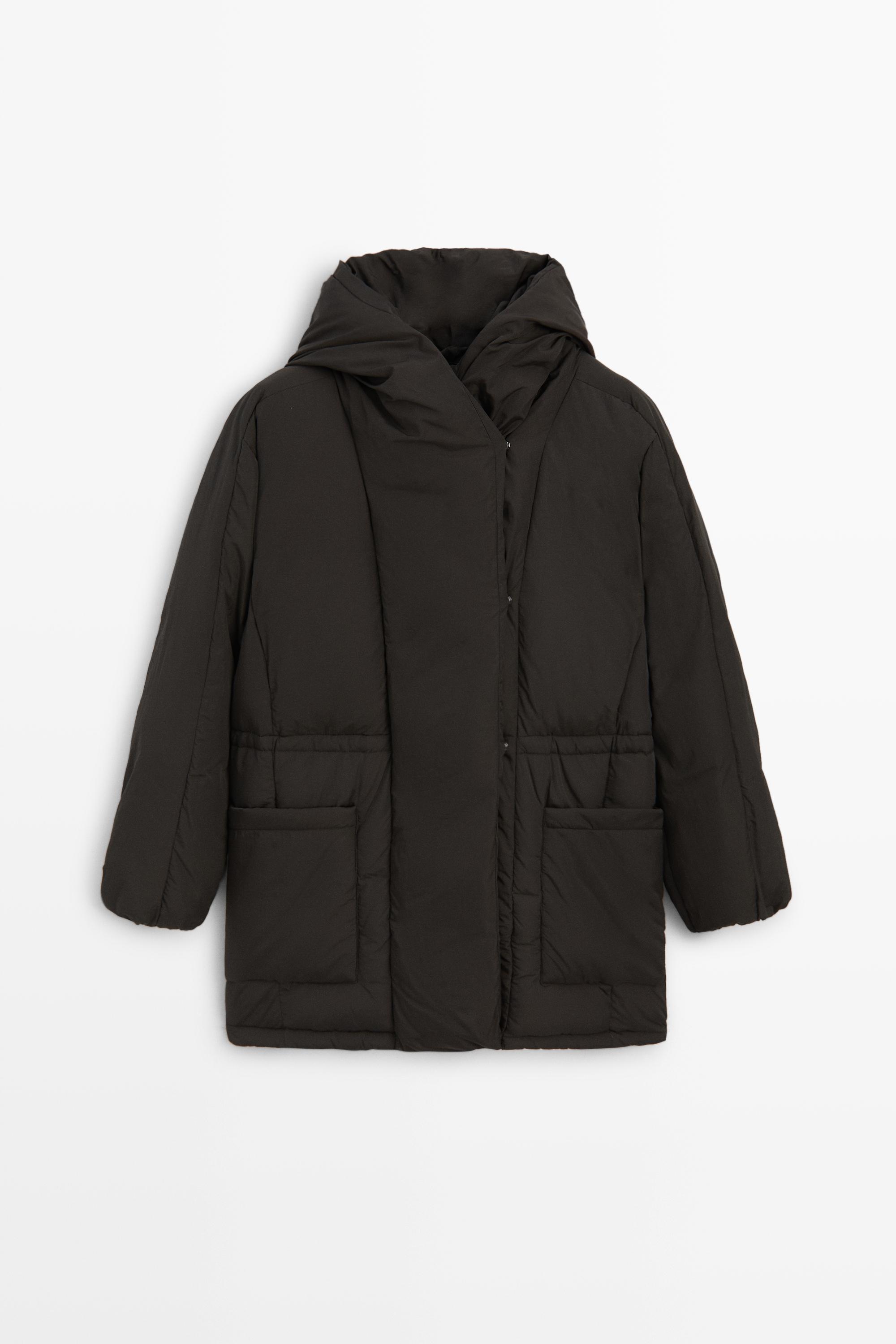 Suede puffer jacket with hood detail