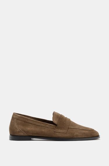 FLAT SPLIT SUEDE LOAFERS - Khaki Green by Zara