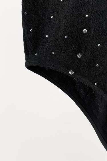 SEAMLESS LACE BODYSUIT WITH RHINESTONES - Black by Zara - Image 5