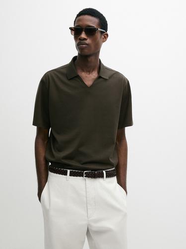 Zara Cotton V-neck polo shirt - Dark green