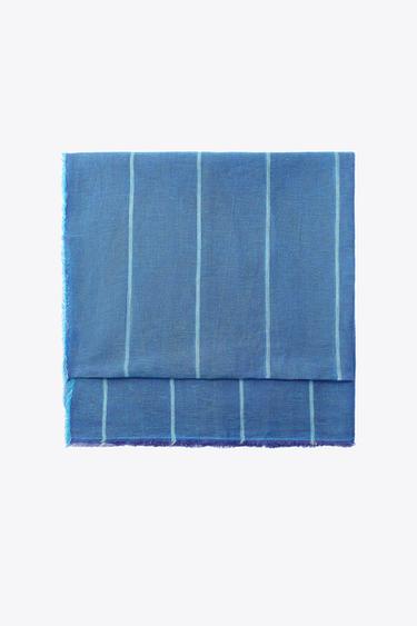 Zara CONTRASTING STRIPED LINEN SCARF - Blue