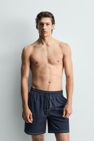 LONG SWIMMING TRUNKS WITH CONTRAST TOPSTITCHING - Navy blue by Zara - Image 1