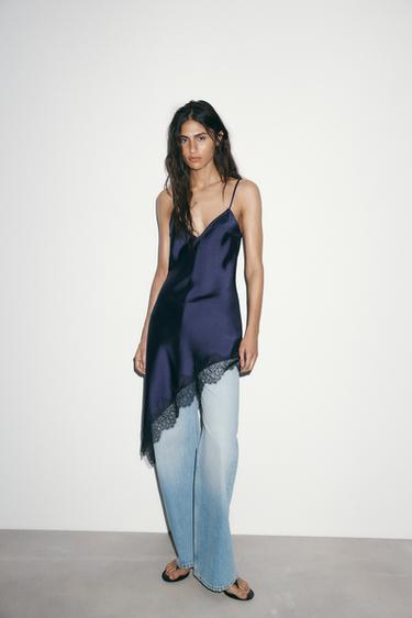 Zara ASYMMETRICAL SATIN LACE DRESS - Navy blue