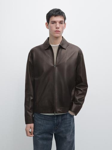Blouson fermeture Éclair en cuir nappa - Marron de Zara