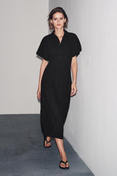 Zara ZW COLLECTION府綢短袖洋裝 - 黑色