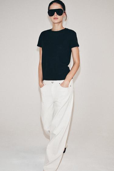 LINEN BLEND SHORT SLEEVE T-SHIRT - Charcoal by Zara