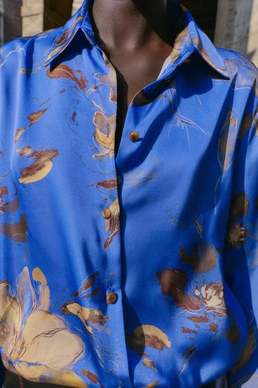 CHEMISE SATINÉE À IMPRIMÉ FLORAL - Sable / Bleu de Zara - Image 2