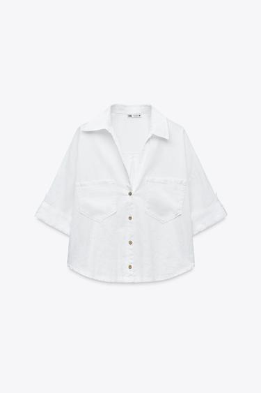 Zara LINEN BLEND CROPPED SHIRT - White
