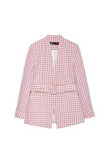Front view of a pink and white plaid blazer with a belt and side pockets.