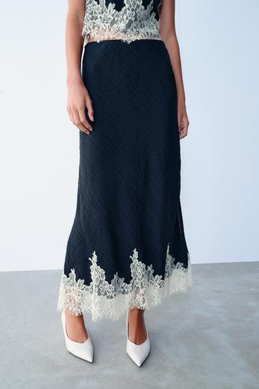 LACE-TRIMMED MIDI SKIRT — Navy / White 2