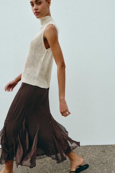 Zara RUFFLED LACE MIDI SKIRT - Brown