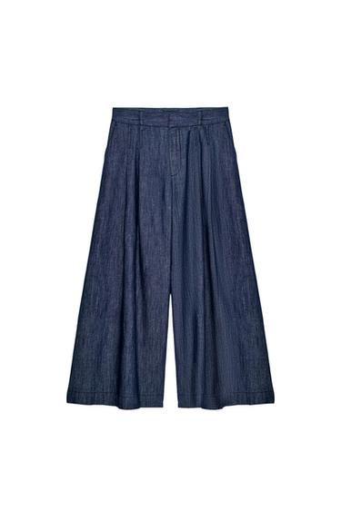 Zara 打褶寬管七分褲 - 藍色