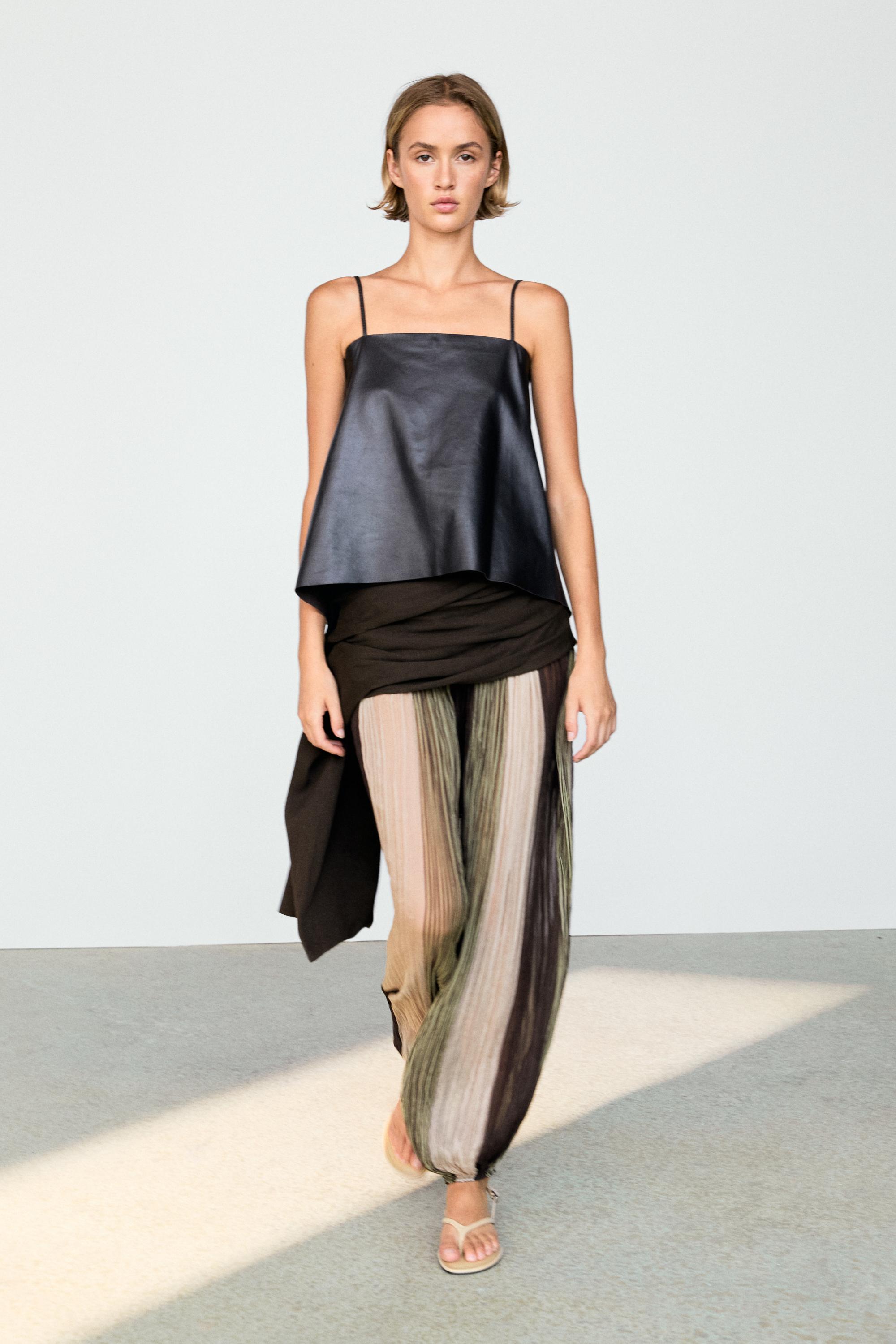 Striped flowing pants with sash detail — Khaki
