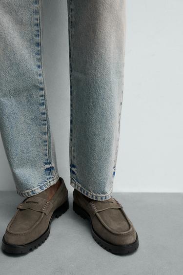 LEATHER PENNY LOAFERS WITH TRACK SOLE - Taupe Grey by Zara - Image 2