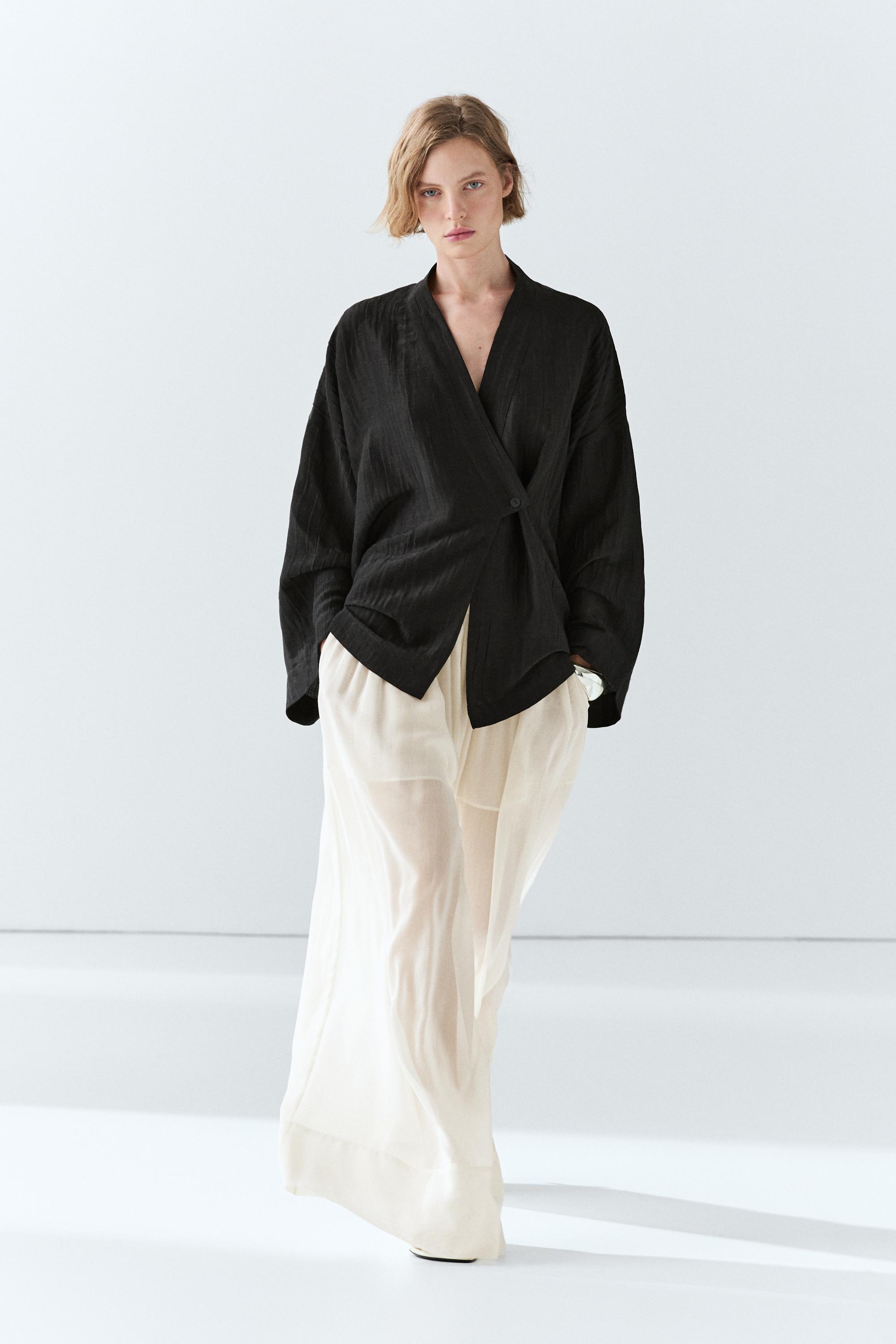 Textured linen blend V-neck kimono - Black | ZARA Canada
