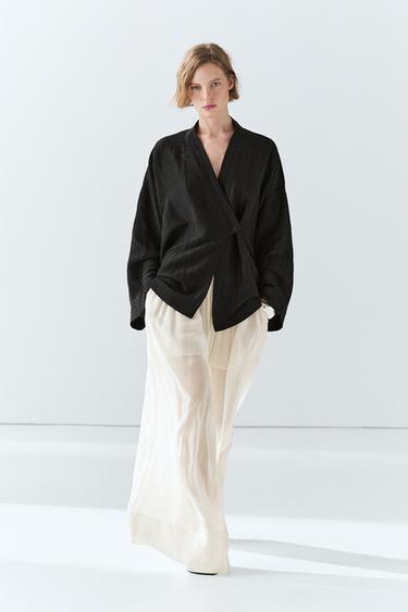 Zara Textured linen blend V-neck kimono - Black - Image 0