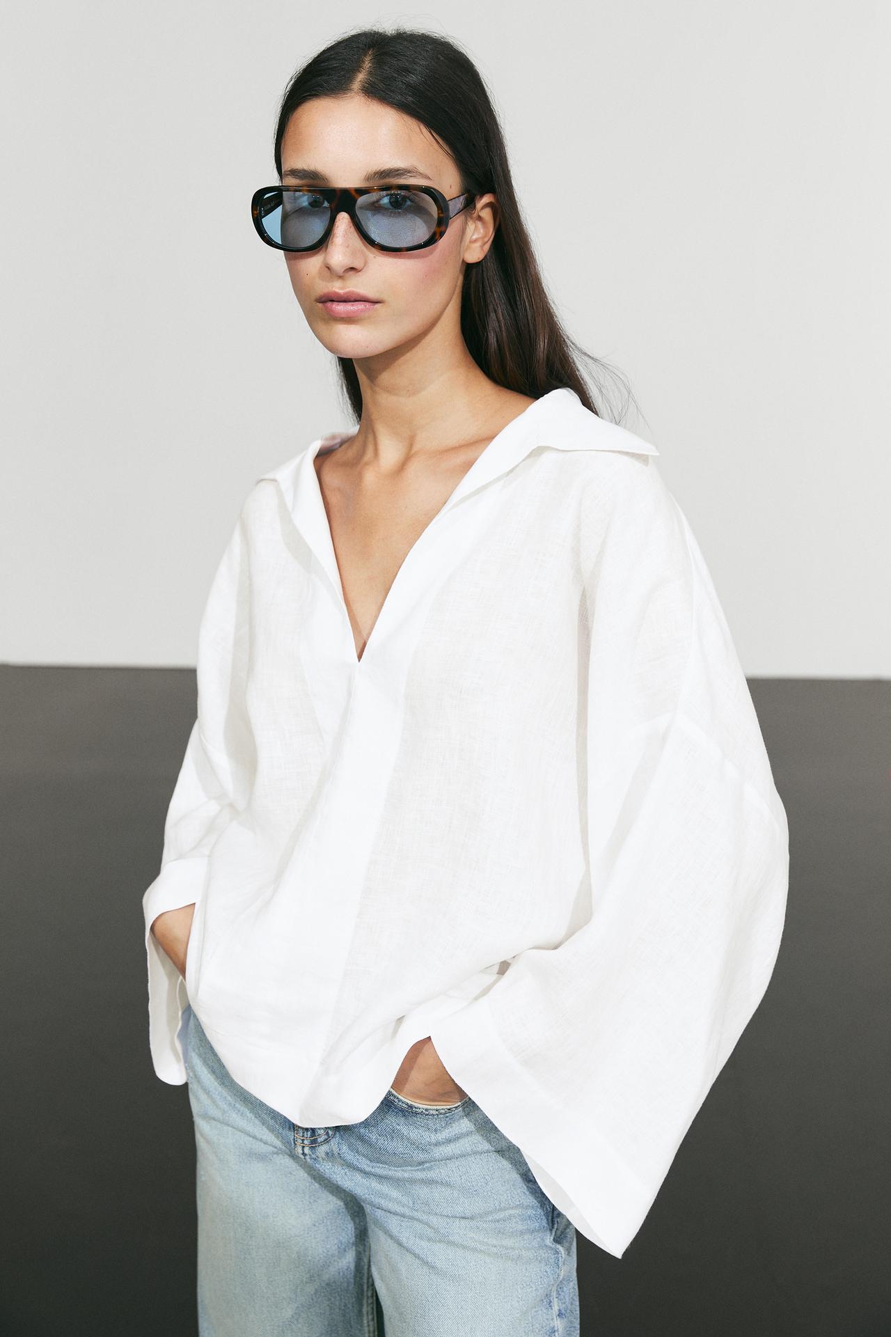 100% linen polo collar shirt — White
