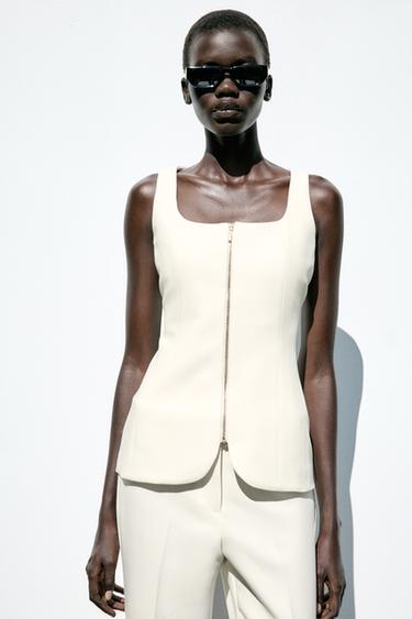 Zara ZIPPER BUSTIER TOP - Ecru