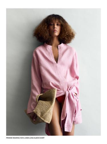 Camisa manga larga 100% lino - Rosa lavado de Zara