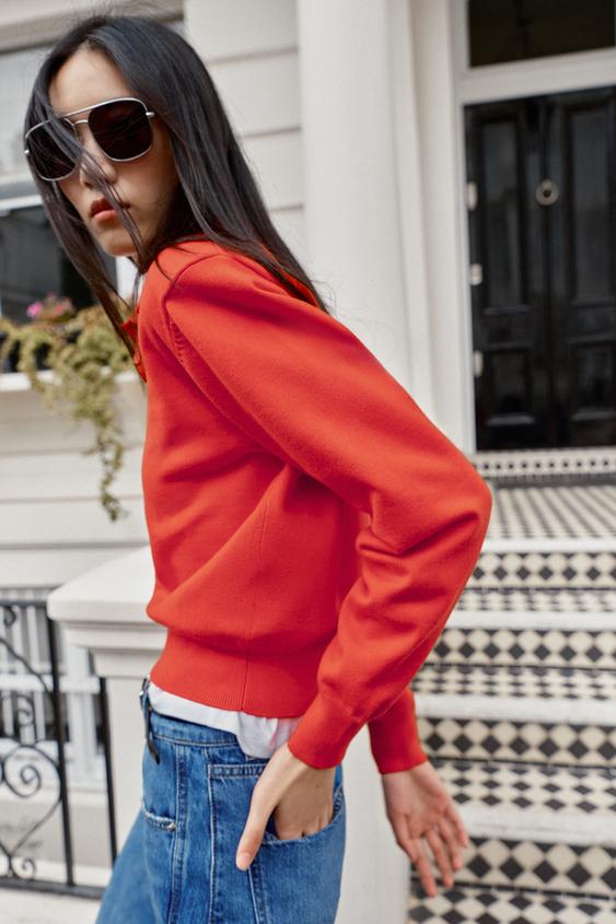 KNIT POLO JUMPER WITH SHOULDER PADS - Red / Orange by Zara - Image 3