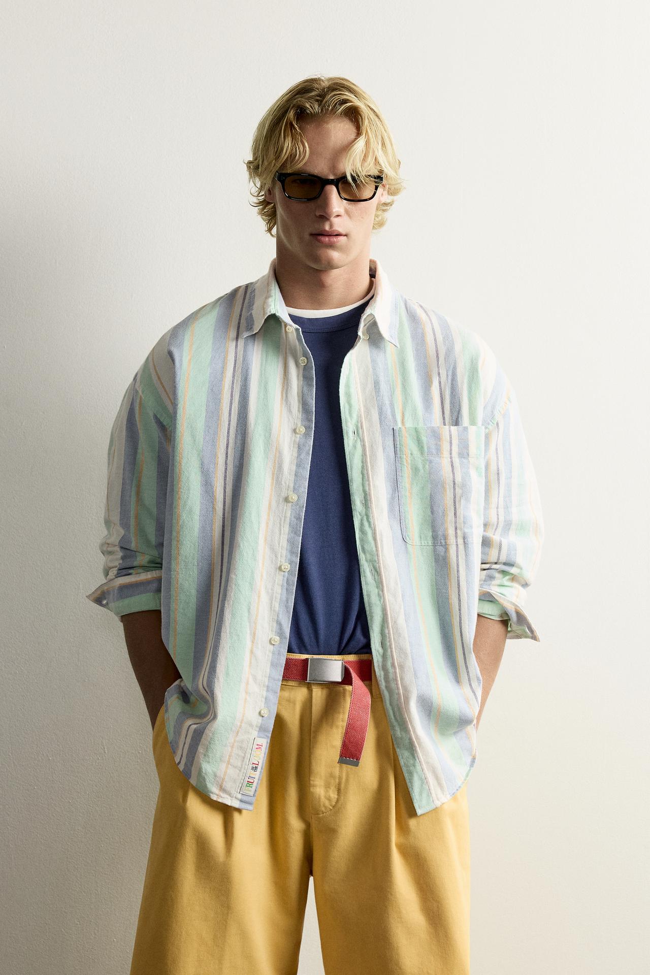 FRUIT OF THE LOOM™ STRIPED OXFORD SHIRT — Aquamarine