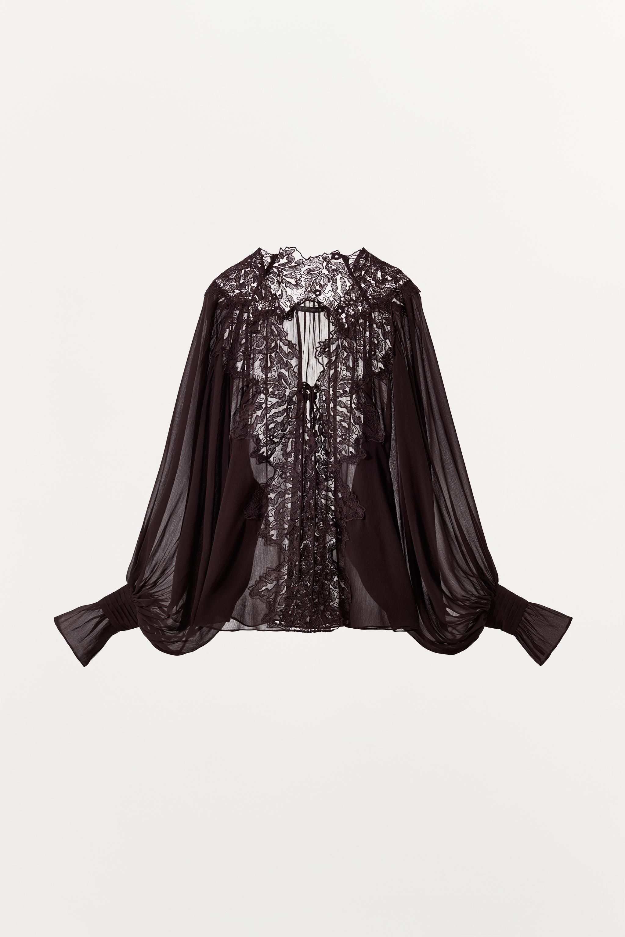 ZW COLLECTION LACE TIE-FRONT SHIRT - Brown | ZARA Singapore
