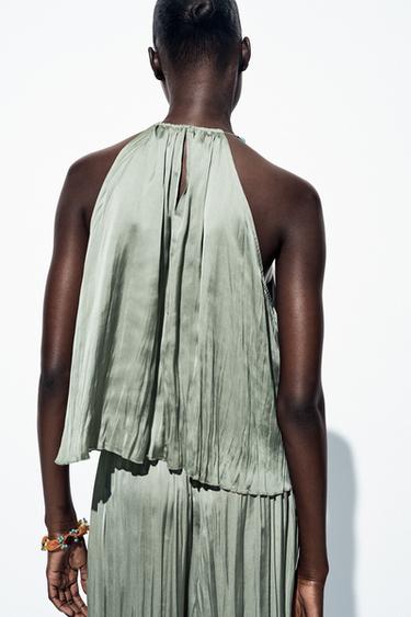 BEADED SATIN HALTER TOP - Mid-green by Zara - Image 5