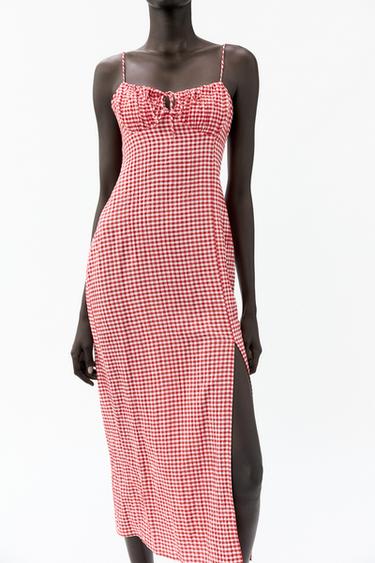 ROBE MI-LONGUE À CARREAUX VICHY - Blanc / Rouge de Zara - Image 1