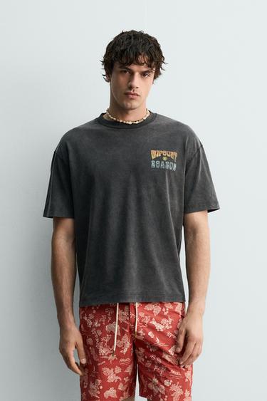 Zara SURF PRINT WASHED T-SHIRT - Dark brown