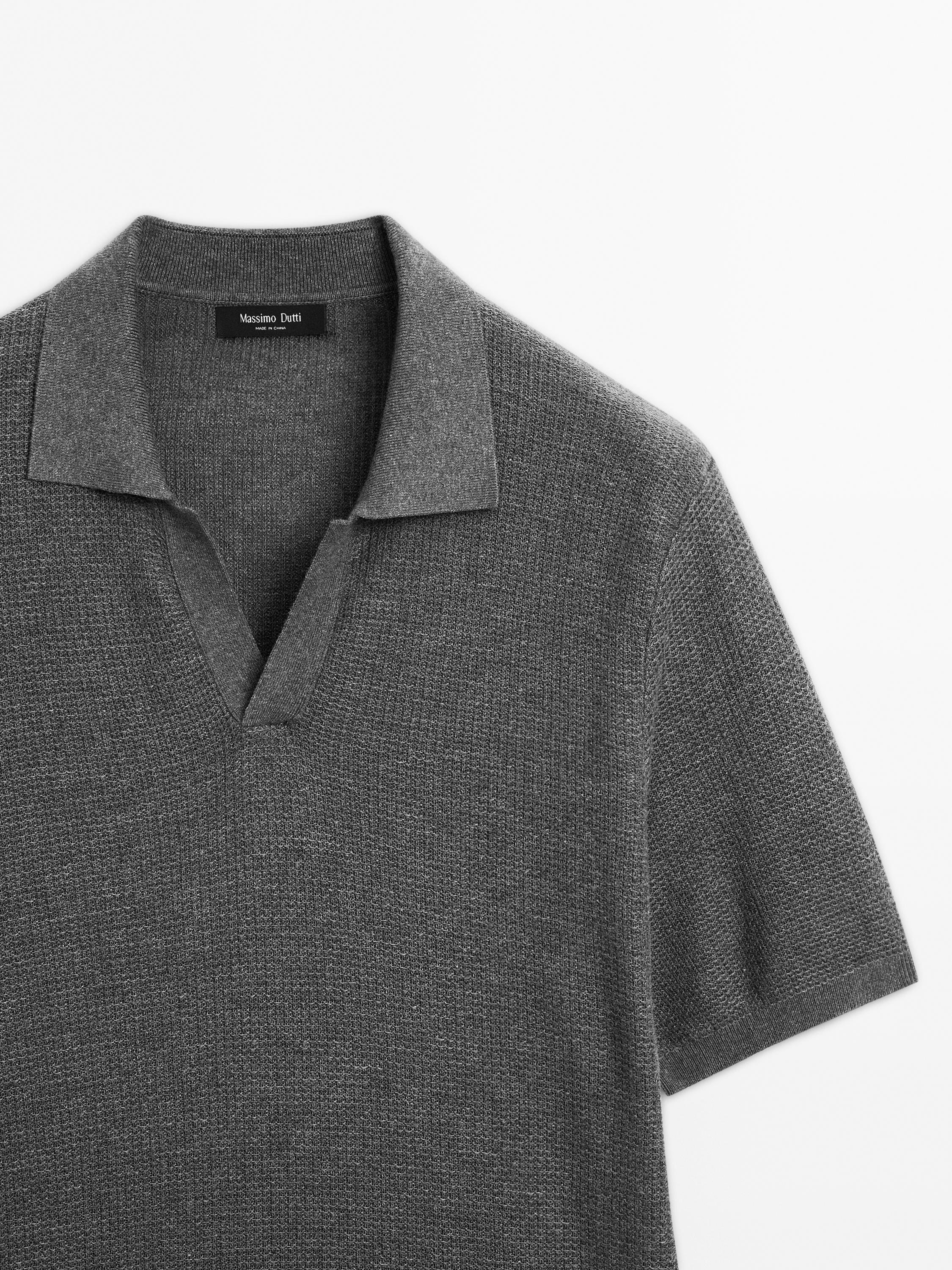 Linen blend textured knit polo shirt