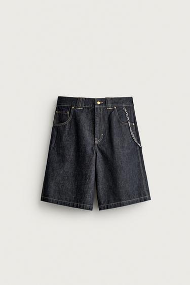 Zara 金屬鍊條細節寬鬆版牛仔短褲 - 藍色