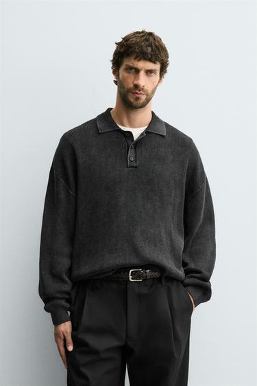 WASHED KNITTED POLO SHIRT - Black by Zara