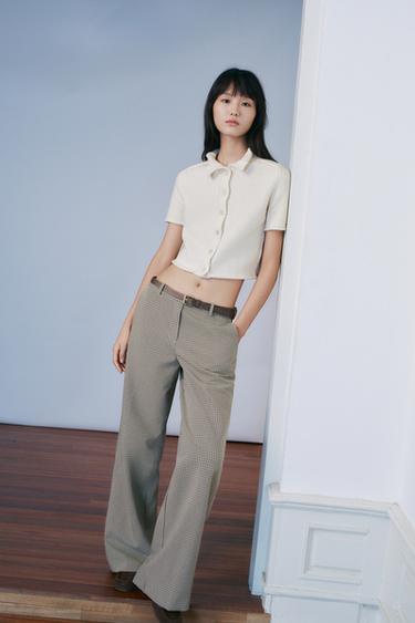 Zara 格紋腰帶長褲 - 米色 / 海藍色