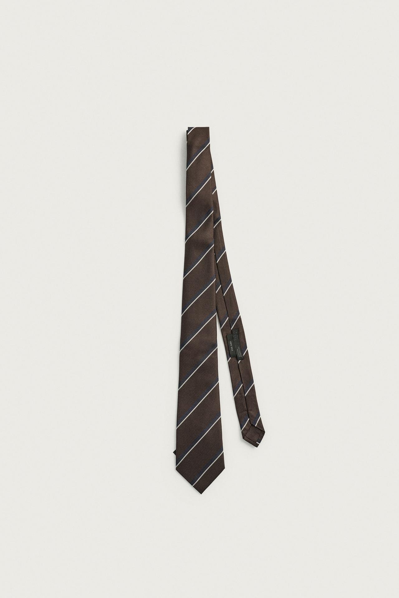 100% SILK STRIPED TIE — Brown