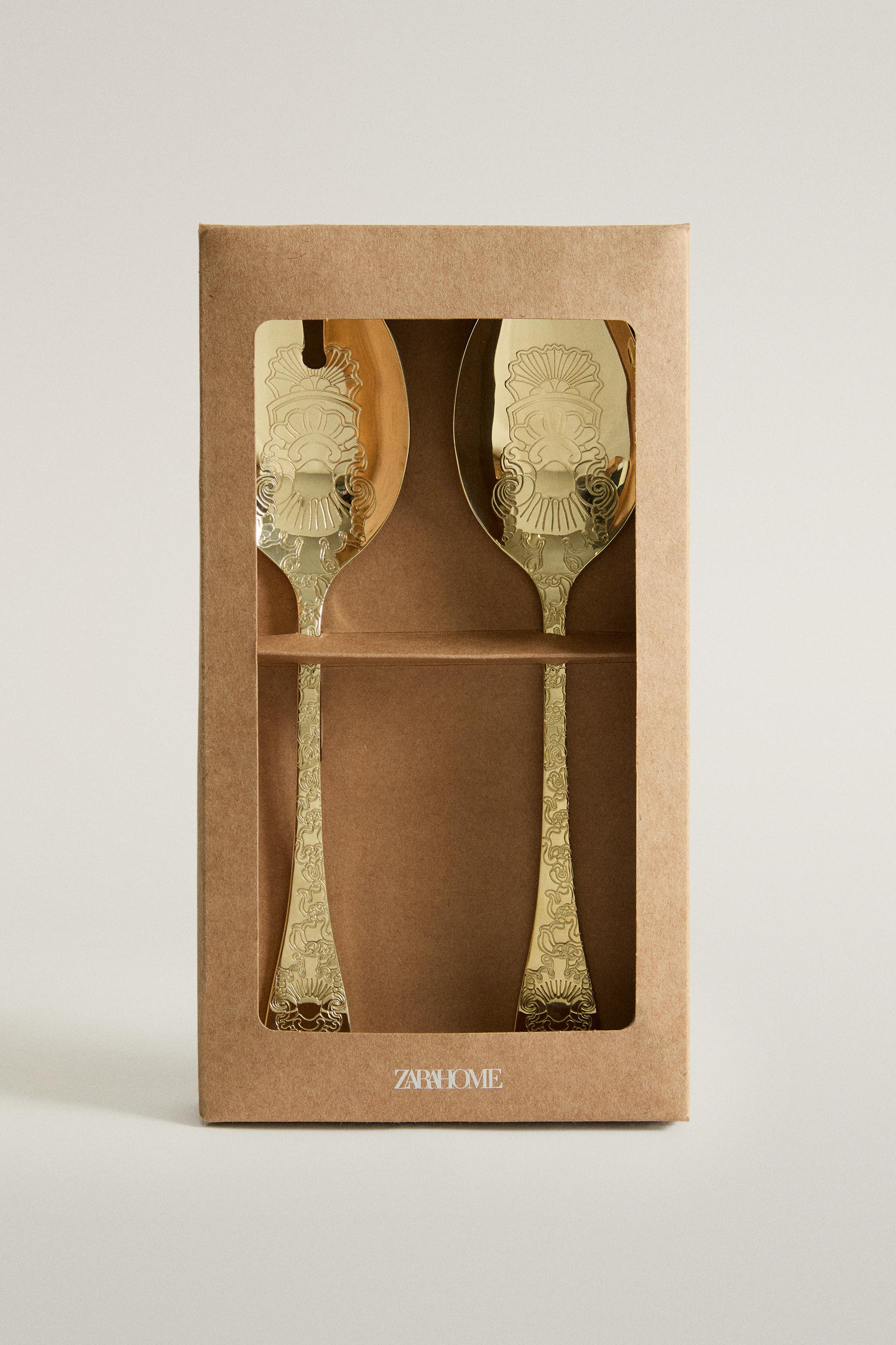 ENGRAVED STEEL SALAD FLATWARE SET (SET OF 2) - Soft gold | ZARA