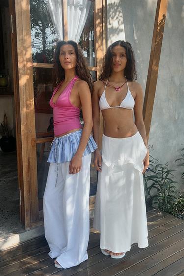 PANTALON DROIT À VOLANT EN MATIÈRES VARIÉES - Blanc de Zara - Image 2