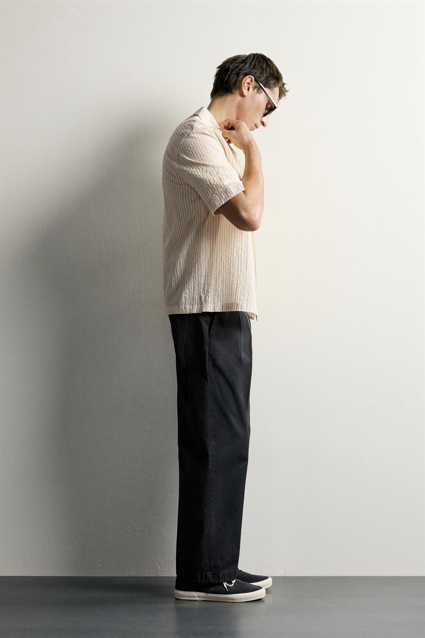 Мужская рубашка Zara Regular Fit Crinkled Striped, цвет: Жёлтый — фото 4