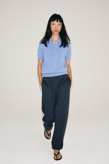 SHORT SLEEVE KNIT POLO SHIRT - Mid-blue by Zara