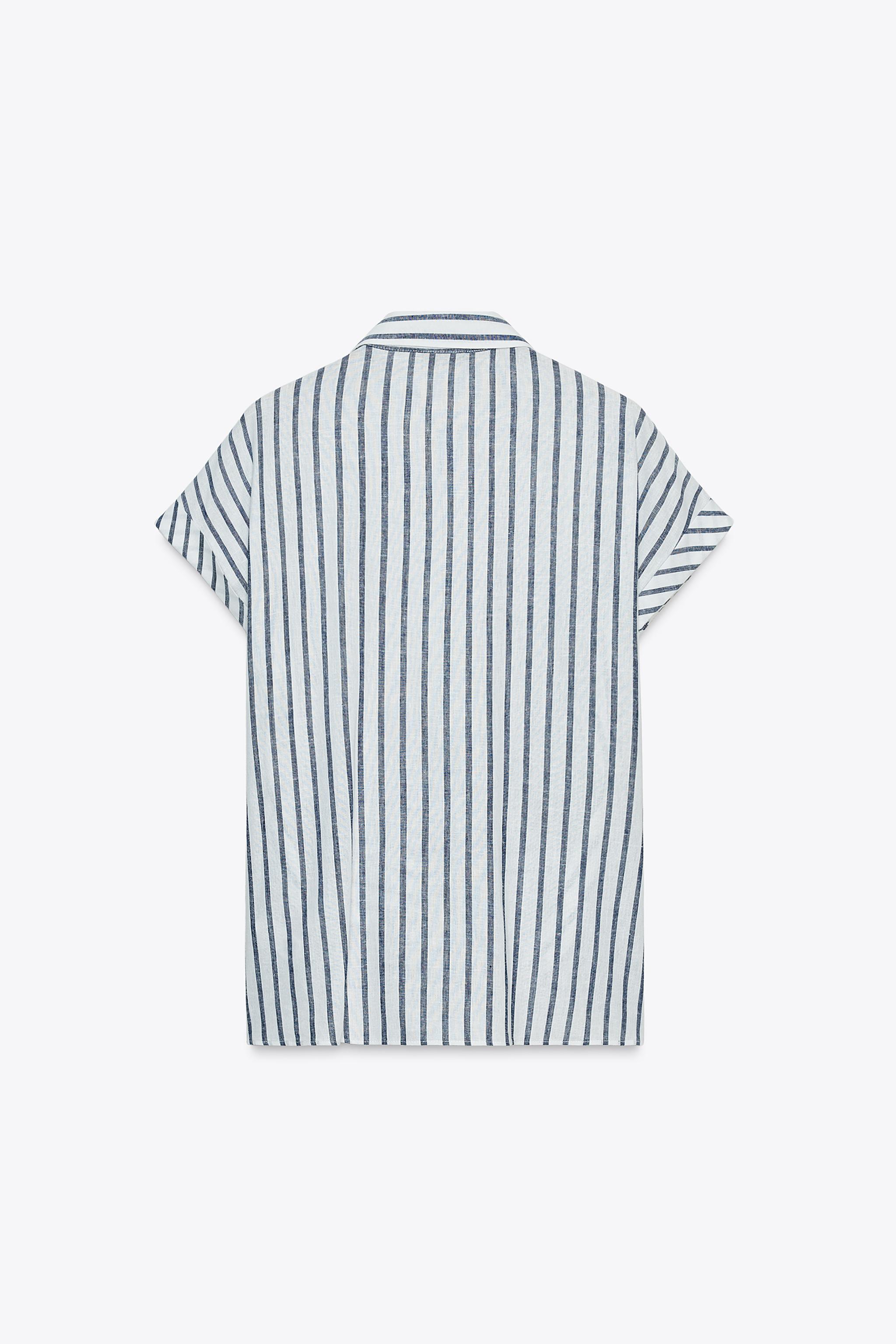 【未使用】リネン混ストライプ/39 リネン混ストライプ柄ノットシャツ - 青色/白色 | ZARA Japan / 日本