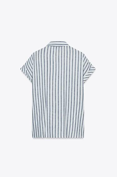 CHEMISE À RAYURES NŒUD AVEC LIN - Bleu / Blanc de Zara - Image 6