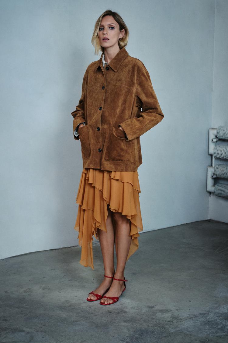 ZW COLLECTION ASYMMETRIC RUFFLE MIDI SKIRT Orange ZARA United