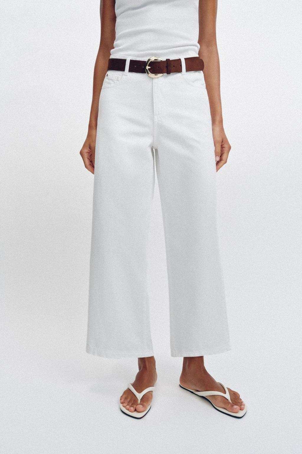 HIGH-WAISTED WIDE LEG CROPPED BELTED JEANS