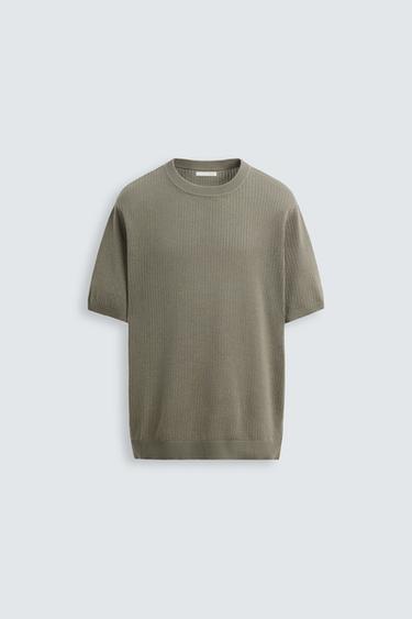 Zara TEXTURED KNIT T-SHIRT - Light khaki
