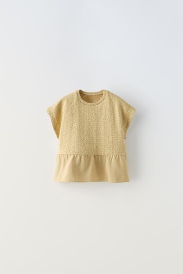 КОМБИНИРОВАННАЯ ТРИКОТАЖНАЯ ФУТБОЛКА — СВЕТЛЫЙ ХАКИ от Zara — изображение 0
