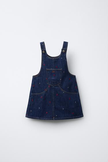 Zara 心形刺繡牛仔吊帶裙 - 藍色 - 圖片 0
