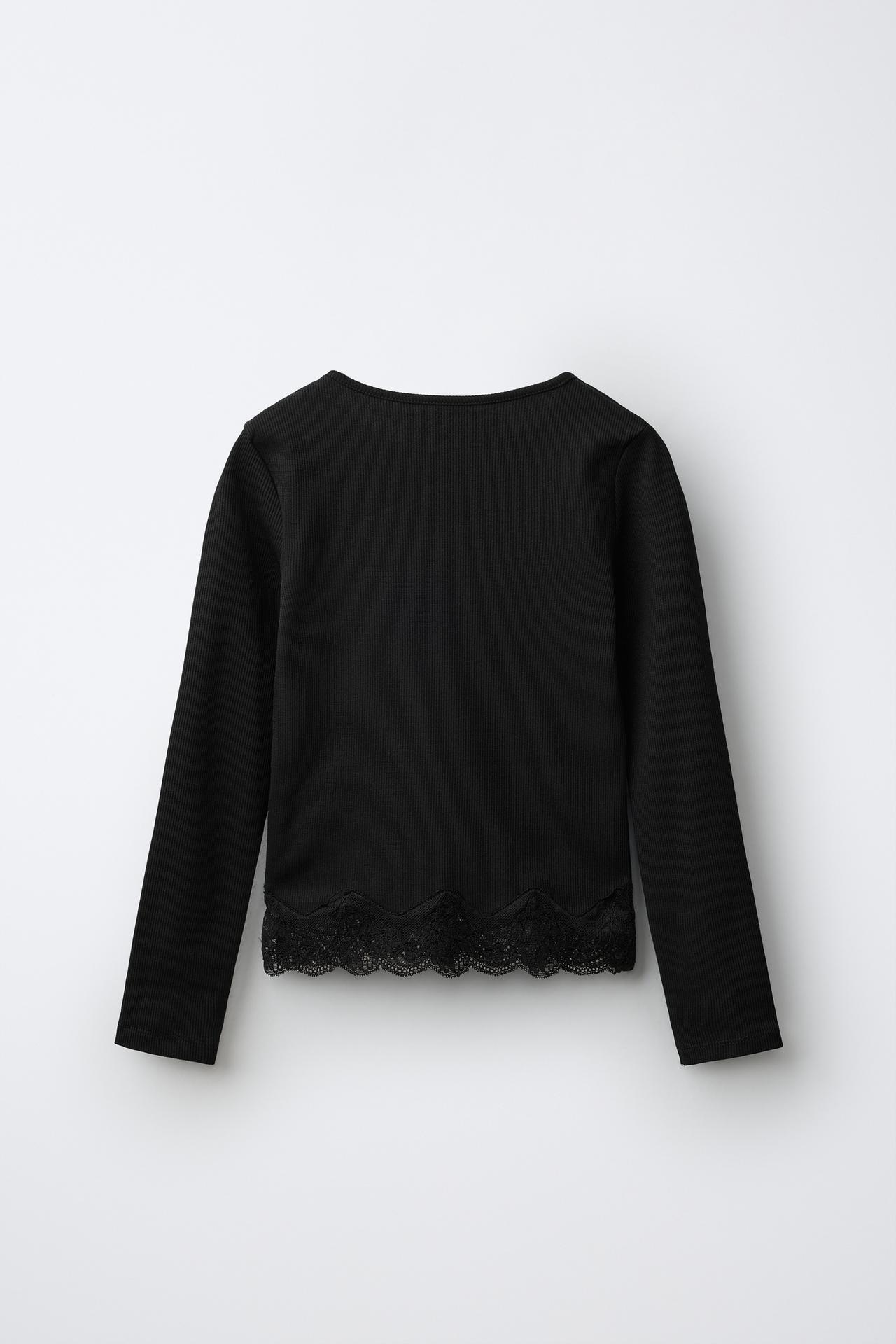 LACE RIB T-SHIRT — Black
